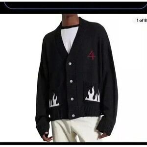 STRANGER THINGS PACSUN BLACK THINGS FLAMES CARDIGAN SWEATER SIZE LARGE